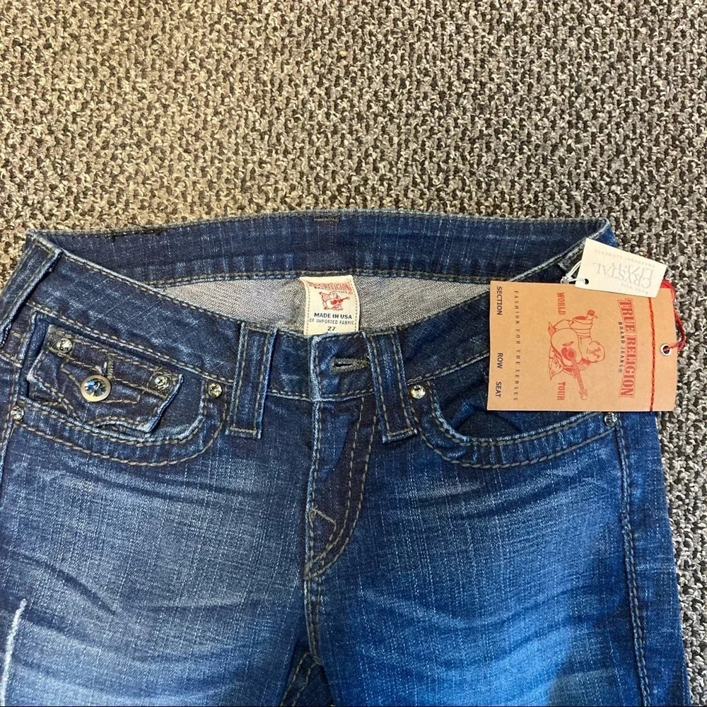 TRUE  RELIGION Sz 27 Disco Becky Big T Swarovski Crystal Distressed Jeans - Picture 2 of 14